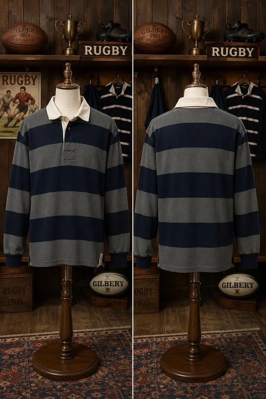 Vintage Eddie Bauer Sport Shop Rugby Shirt XXL Blue Gray Striped Cotton